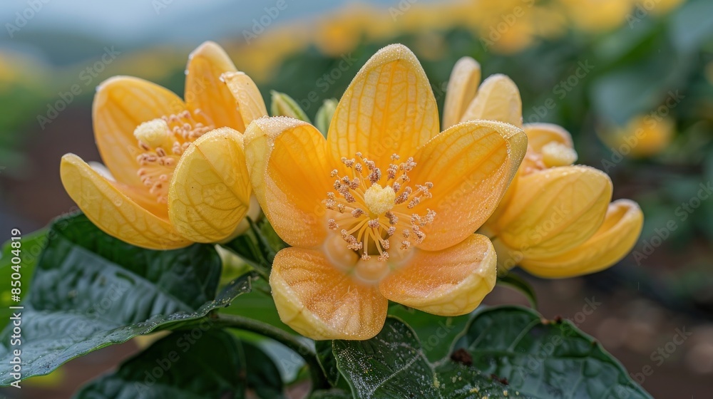 Fototapeta premium Close-up of Delicate Yellow Flowers with Water Droplets