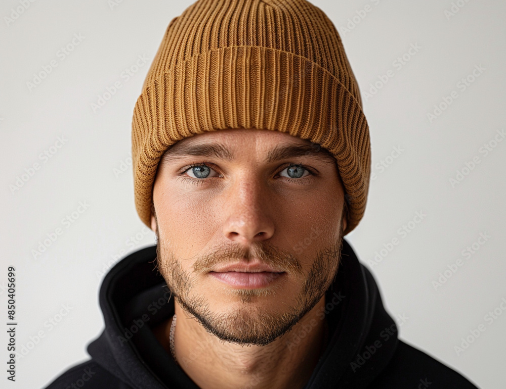 Beanie in camel color, a young man with black hair wearing it in the style of product photography, studio light, white background Beanie in camel color, a young man with black hair wearing it in the style of product photography, studio light, white background
