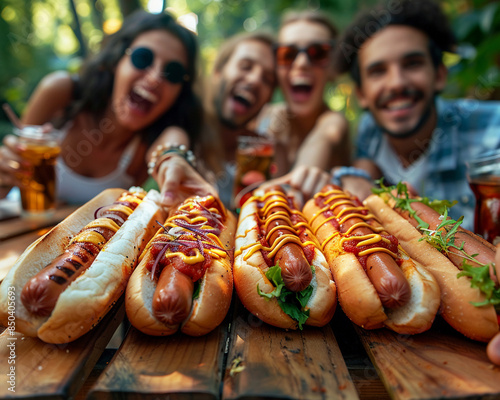 Friends comparing hotdog designs, hotdog social media challenge, selective focus, for creativity, park picnic table backdrop