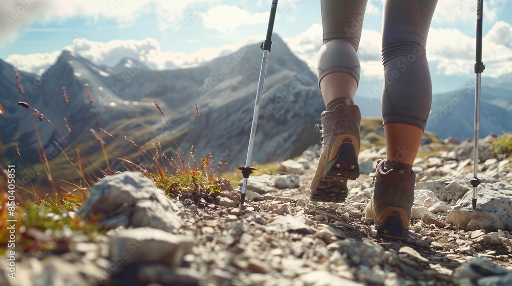 Close up of hiking boots traversing mountain terrain. Outdoor adventure and exploration concept. Close up of hiking boots traversing mountain terrain. Outdoor adventure and exploration concept.