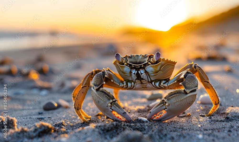 Closeup of crab on the beach at golden hour, Generative AI Closeup of crab on the beach at golden hour, Generative AI