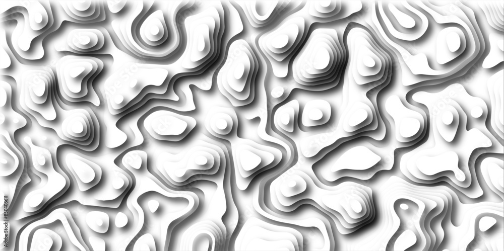 Abstract wavy line 3d paper cut white background. Topographic canyon geometric map relief texture with curved layers and shadow. Contour map background. Geographic line mountain relief. Abstract wavy line 3d paper cut white background. Topographic canyon geometric map relief texture with curved layers and shadow. Contour map background. Geographic line mountain relief.