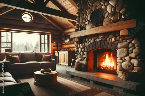 warm cozy living room with large stone burning fireplace