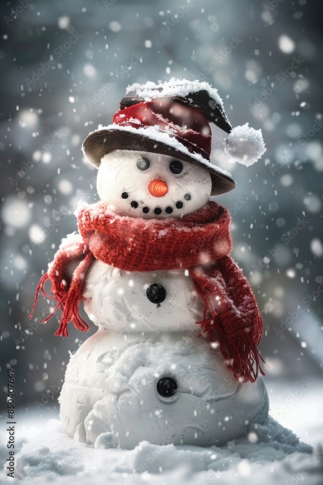 Cheerful Snowman with Red Hat and Scarf in Snowy Winter Wonderland Cheerful Snowman with Red Hat and Scarf in Snowy Winter Wonderland