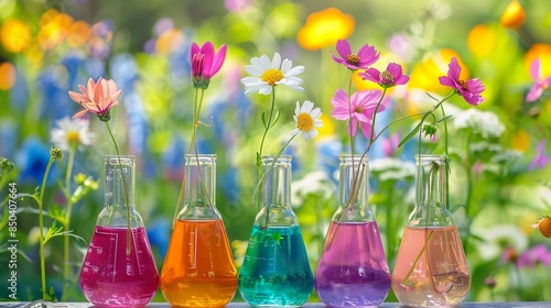 Scientific Flasks with Flowers in Vibrant Garden