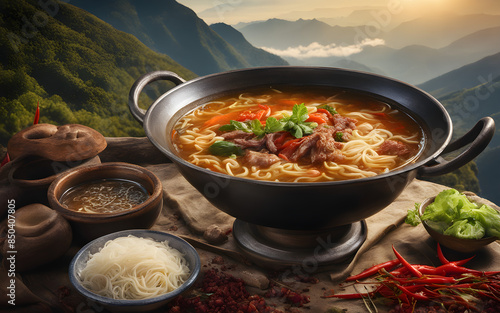 Nepalese thukpa, noodle soup, spicy broth, meat and vegetables, steaming bowl, mountain setting photo