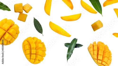 Mango slices and leaves falling isolated on a white background.