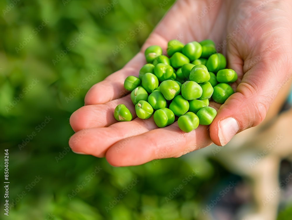 A hand is holding a bunch of green peas A hand is holding a bunch of green peas