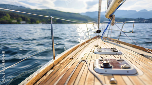 Wooden deck of a sailboat in the sea off the coast