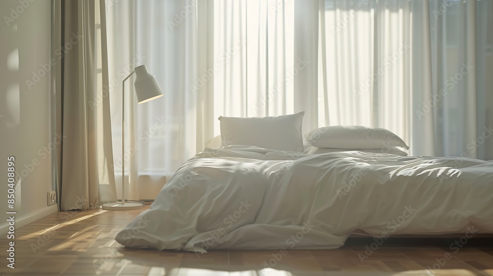 Simple modern design ad offer Double bed with white pillows and soft blanket lamp furniture on wooden floor White empty wall big window with curtains in bedroom interior : Generative AI Simple modern design ad offer Double bed with white pillows and soft blanket lamp furniture on wooden floor White empty wall big window with curtains in bedroom interior : Generative AI