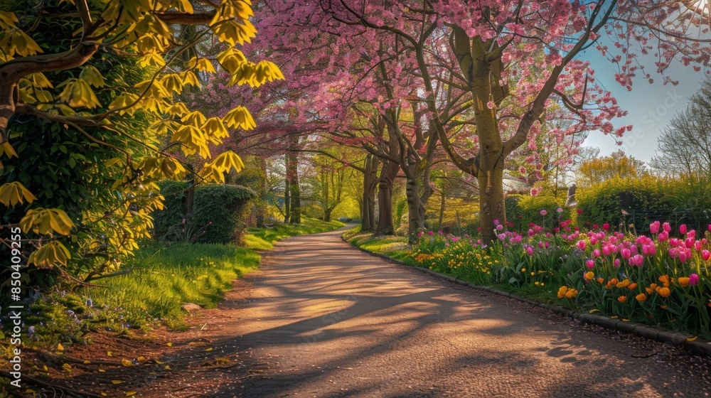 Naklejka premium Picturesque Garden Path with Blossoming Trees and Vibrant Flowers