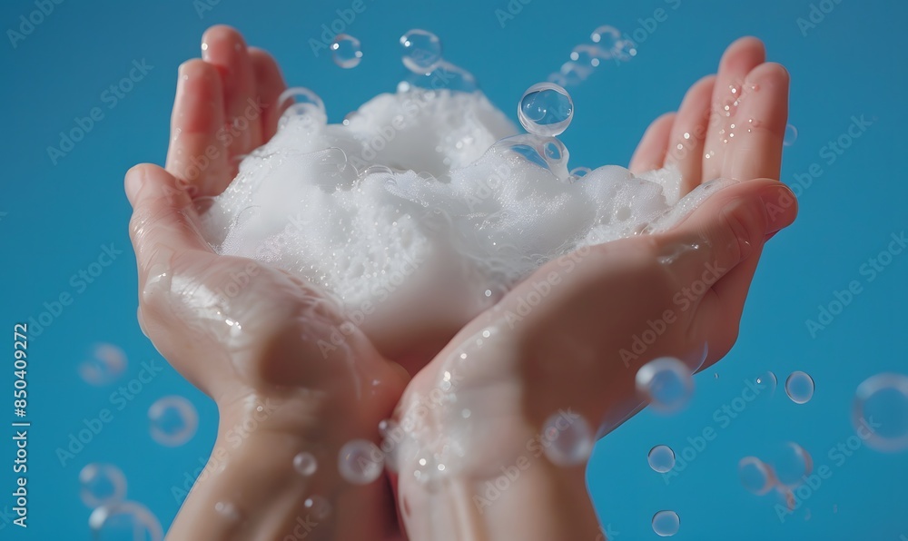 hands cradling a small amount of foam with water drops and bubbles against, Generative AI hands cradling a small amount of foam with water drops and bubbles against, Generative AI