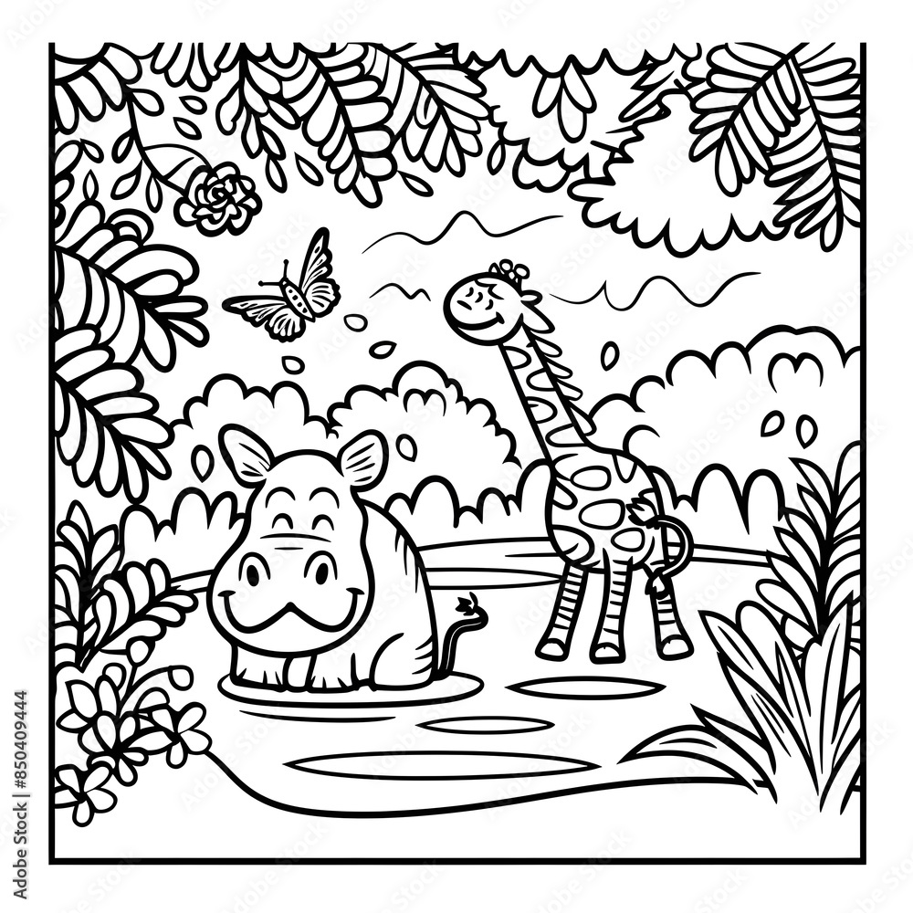 Obraz premium A giraffe and a hippo are in a forest for kid painting