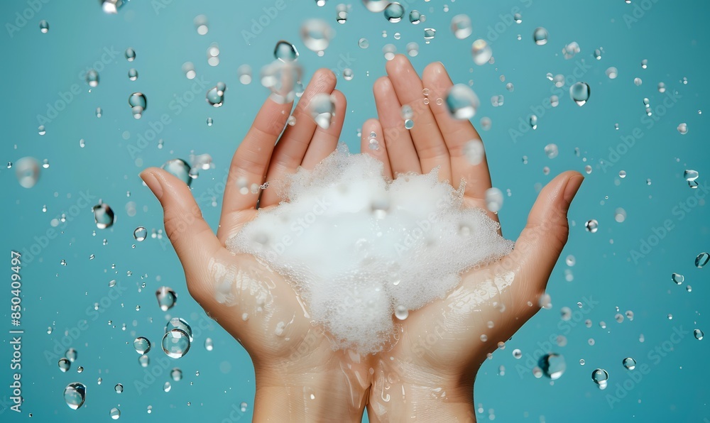 hands cradling a small amount of foam with water drops and bubbles against, Generative AI hands cradling a small amount of foam with water drops and bubbles against, Generative AI