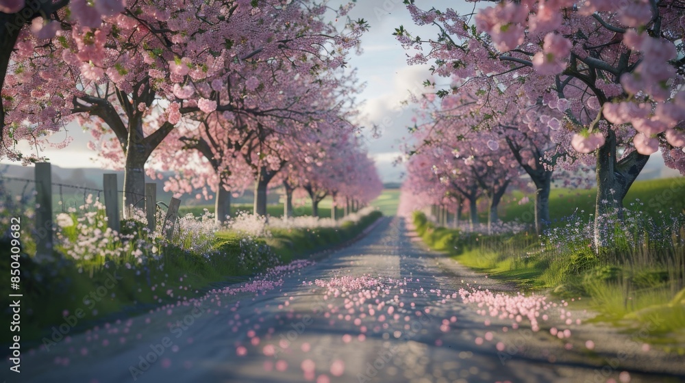 Scenic road lined with blooming cherry blossom trees in full bloom, petals scattered on the ground, under a bright blue sky. Scenic road lined with blooming cherry blossom trees in full bloom, petals scattered on the ground, under a bright blue sky.