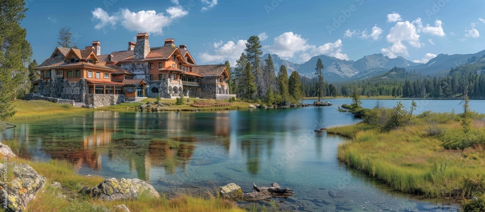 Naklejka premium Secluded Mountain Lodge Reflecting in Still Waters