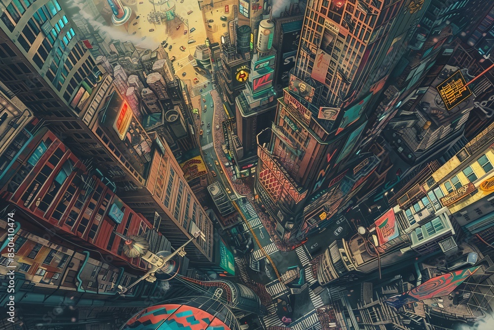Fototapeta premium A colorful and vibrant aerial view of a bustling cityscape with towering skyscrapers, busy streets, and vibrant lights creating an urban atmosphere.