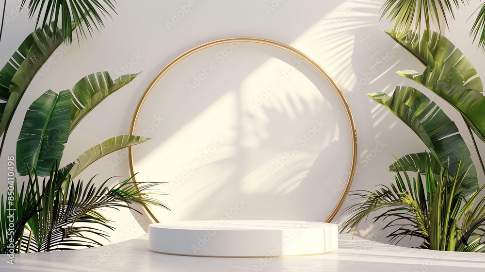 Elegant green palm leaves with white podium and golden round arch Elegant green palm leaves with white podium and golden round arch