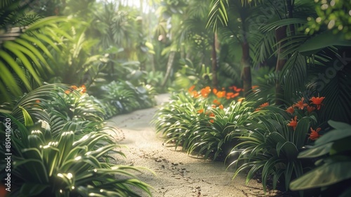 Sunlit pathway through lush tropical garden with vibrant flowers and dense greenery, inviting peaceful nature walk in an exotic paradise