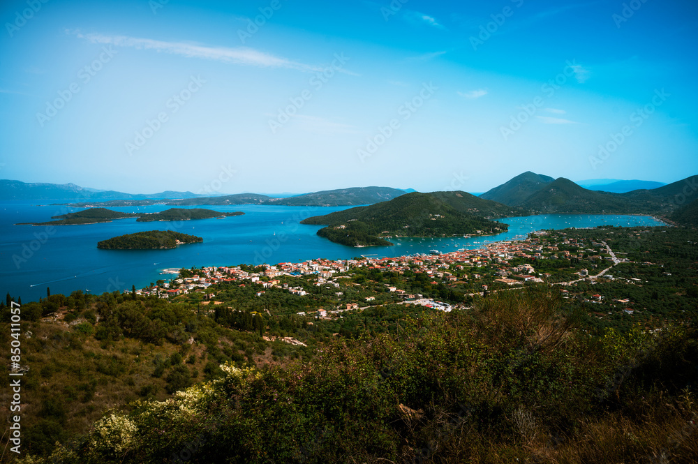Naklejka premium Aerial view of the city of Nidri, Lefkada