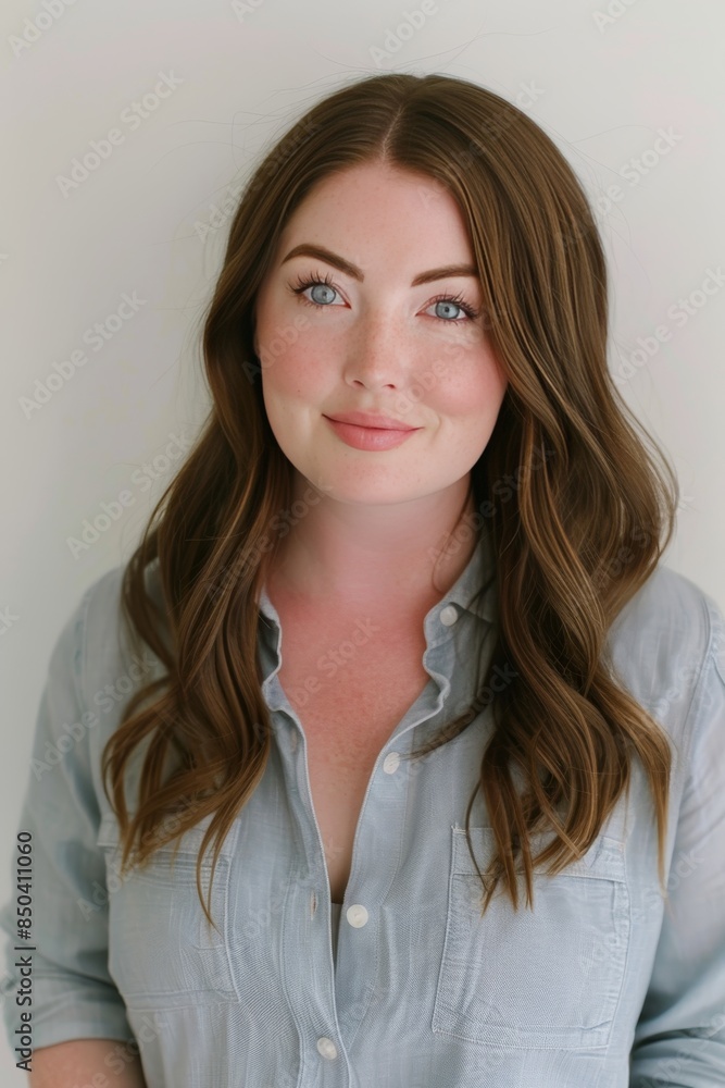 Smiling plus sized woman in light blue shirt, natural makeup, gazing away in soft light Smiling plus sized woman in light blue shirt, natural makeup, gazing away in soft light