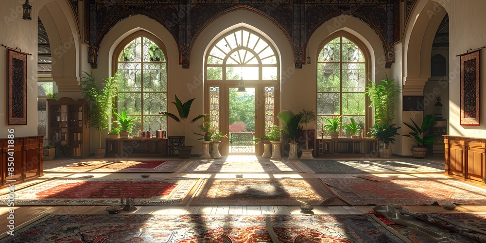 Fototapeta premium Interior Architecture of a Mosque: A Showcase of Islamic Art and Design