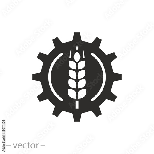 agriculture engineering icon, farming industry, wheat with gear, food production, flat symbol on white background - vector illustration