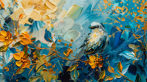 Little beautiful bird with hand draw and paint color background, Abstract painting of a seagull bird on a colorful background, a painting of a colorful leaf tree




