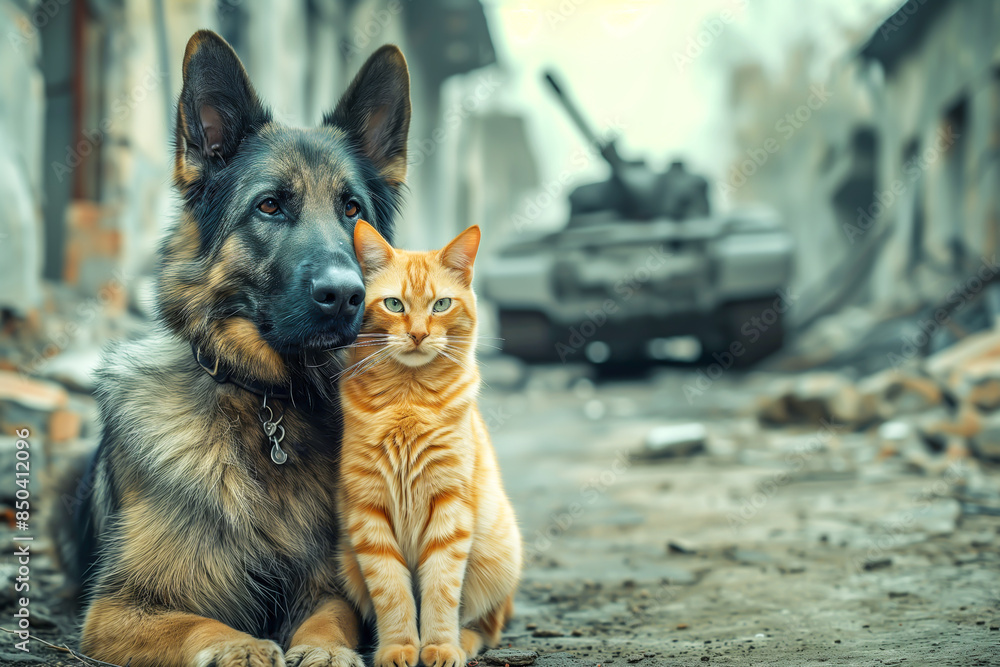 A large sheepdog and a ginger cat sit on a dirt road, huddled together against a background of ruins of a city and a military tank. Copy space A large sheepdog and a ginger cat sit on a dirt road, huddled together against a background of ruins of a city and a military tank. Copy space