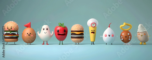 3d rendering of adorable food characters with amusing expressions lined up against a blue backdrop
