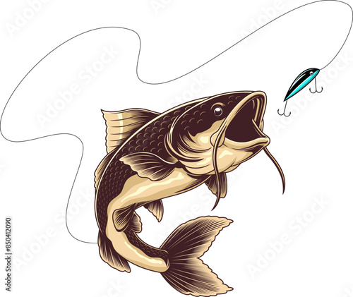 Catfish Catching The Fishing Lure Graphic Design. Vector Hand Drawn Illustration Isolated On Transparent Background