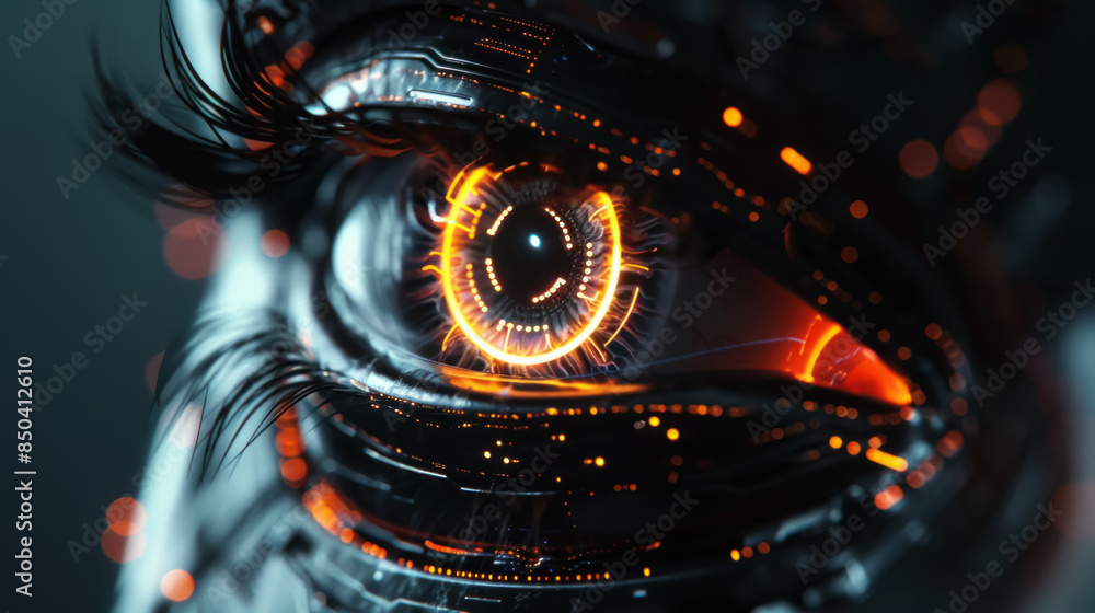 Glowing Robotic Eye Close-Up in Cybernetic Future Concept Glowing Robotic Eye Close-Up in Cybernetic Future Concept