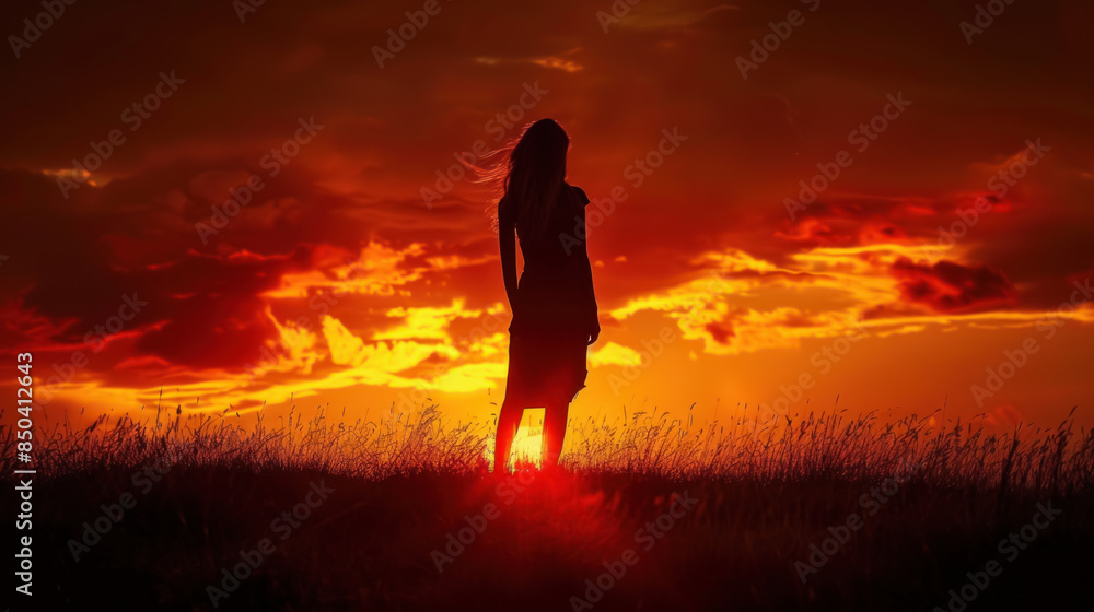 Silhouette of Woman at Fiery Sunset, Free Spa Concept Silhouette of Woman at Fiery Sunset, Free Spa Concept