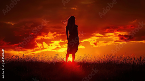 Silhouette of Woman at Fiery Sunset, Free Spa Concept © peera