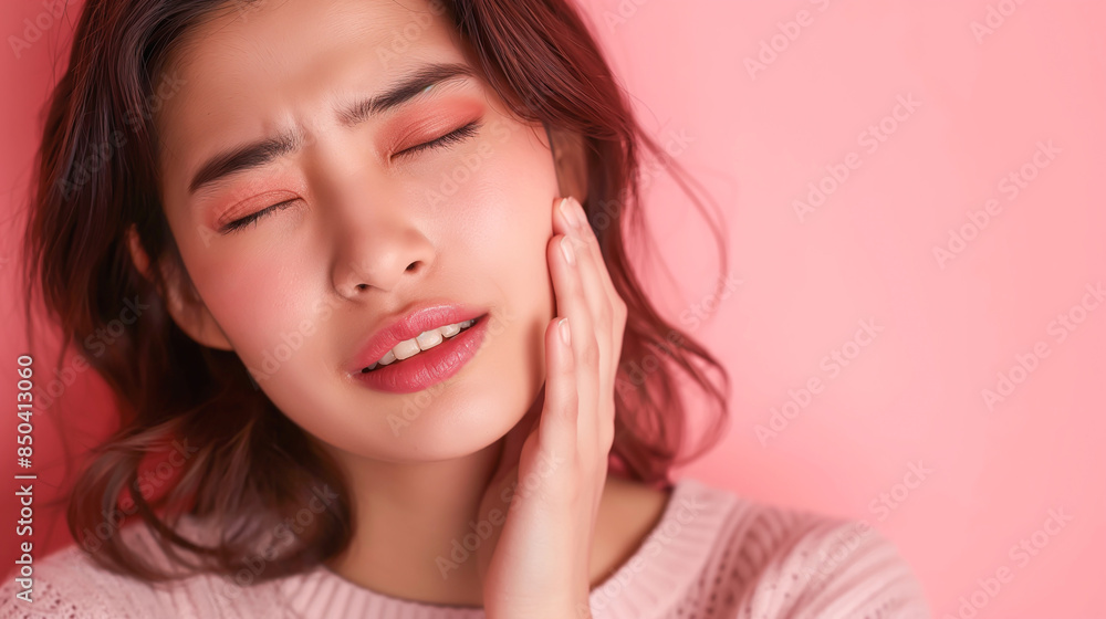 A beautiful woman suffering from a severe toothache. She is holding her cheek with her hand, her face clearly expressing pain and discomfort. The background is a soft, warm pink A beautiful woman suffering from a severe toothache. She is holding her cheek with her hand, her face clearly expressing pain and discomfort. The background is a soft, warm pink