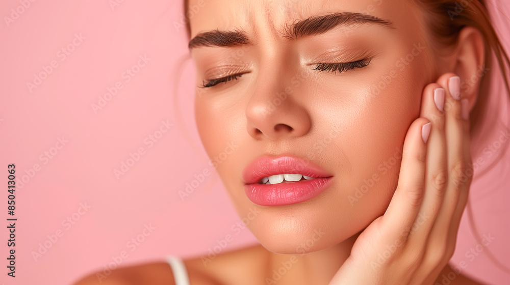 A beautiful woman suffering from a severe toothache. She is holding her cheek with her hand, her face clearly expressing pain and discomfort. The background is a soft, warm pink A beautiful woman suffering from a severe toothache. She is holding her cheek with her hand, her face clearly expressing pain and discomfort. The background is a soft, warm pink