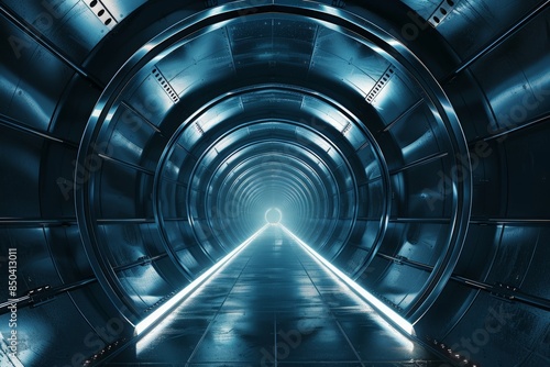 3d render of circular tunnel with dark background, sleek and modern style, futuristic, glowing lines, metallic texture, symmetrical composition, high resolution, 