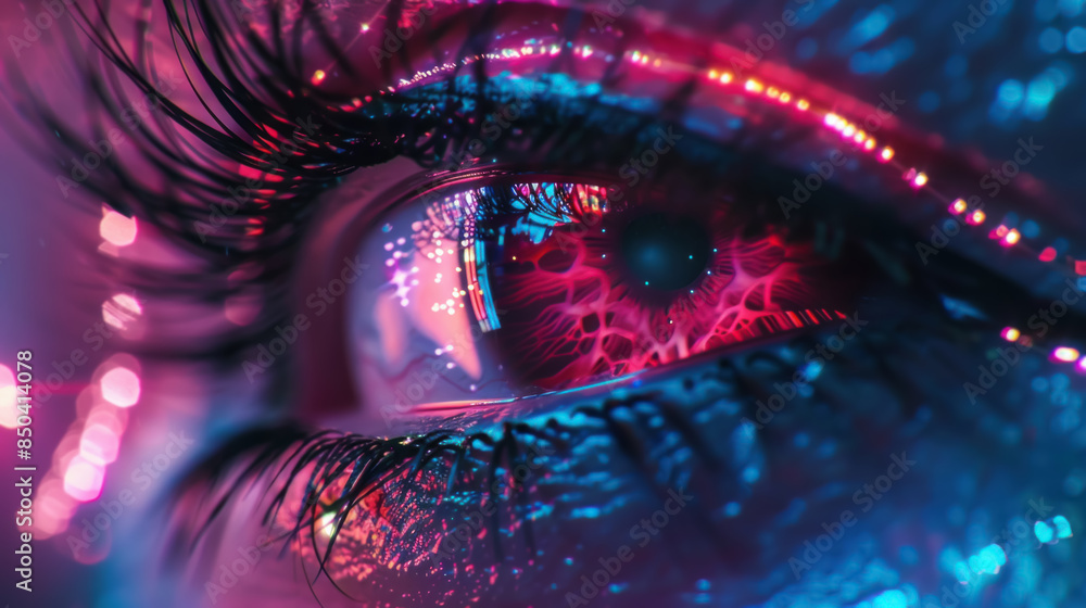 Neon cyber eye futuristic vision close-up Neon cyber eye futuristic vision close-up