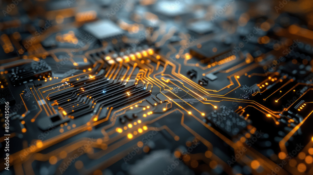 Technology intelligence concept, closeup realistic circuit board design Technology intelligence concept, closeup realistic circuit board design