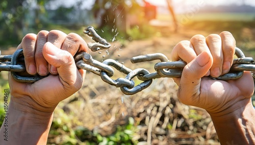 Two Hands Breaking a Chain in a Field
