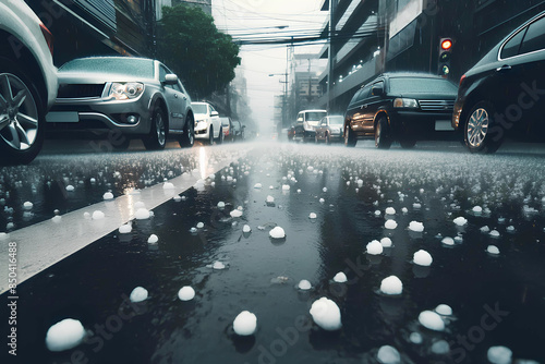 large hail on the asphalt surface of a city street photo