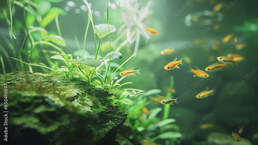 Naklejka premium Freshwater aquarium with snags green stones tropical fish and water plants : Generative AI