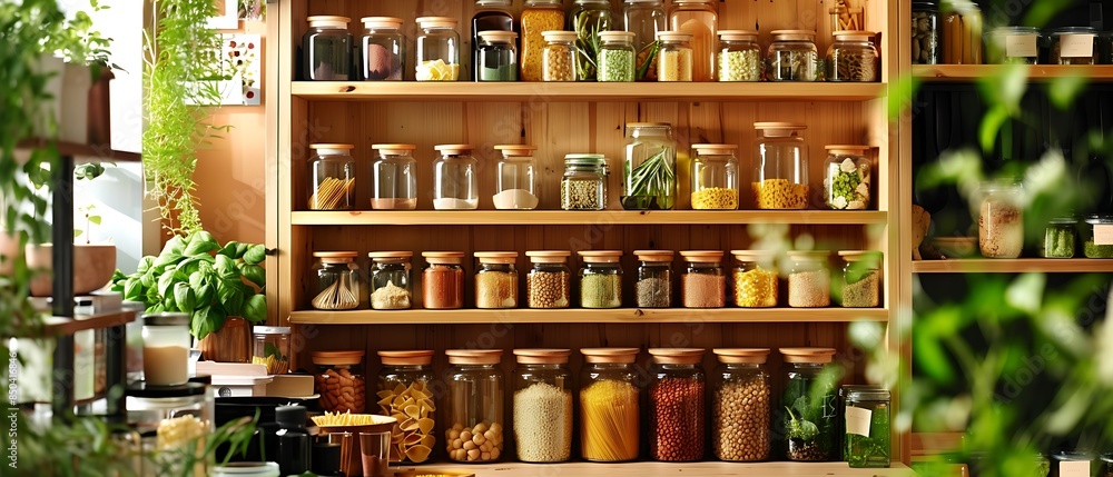 Cozy pantry with wooden shelves, glass jars of dry foods, and green plants Cozy pantry with wooden shelves, glass jars of dry foods, and green plants