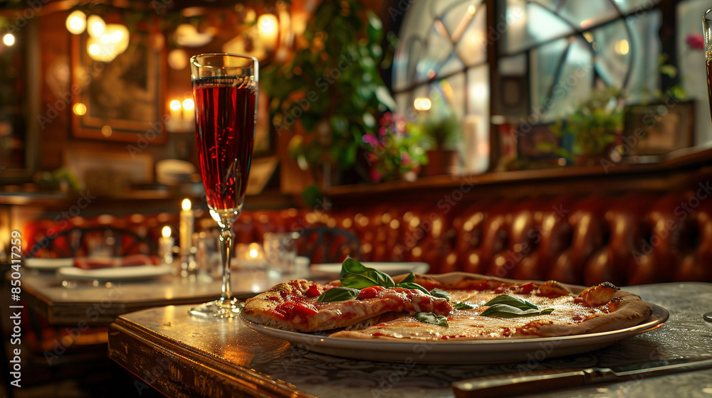Delicious Pizza with Basil and Red Wine in Cozy Restaurant Delicious Pizza with Basil and Red Wine in Cozy Restaurant