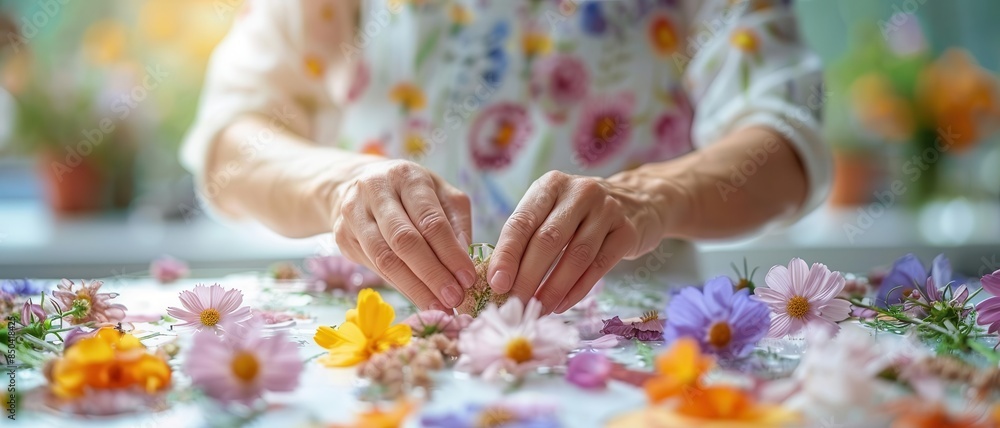 Pressed flower resin jewelry making process : Hands creating jewelry with pressed flowers and resin Pressed flower resin jewelry making process : Hands creating jewelry with pressed flowers and resin