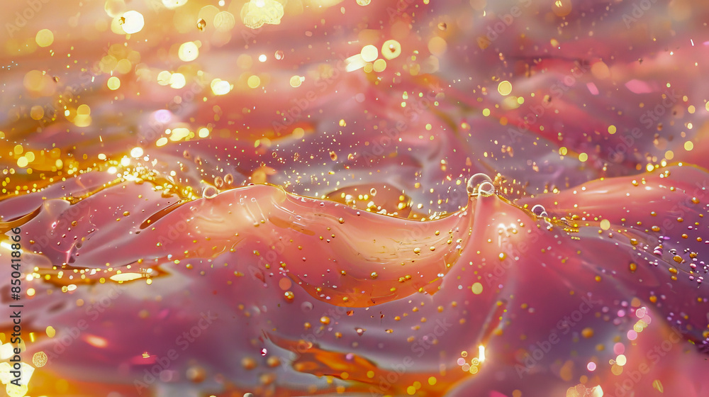 Ethereal close-up of shimmering golden and pink water with sparkling bokeh lights Ethereal close-up of shimmering golden and pink water with sparkling bokeh lights