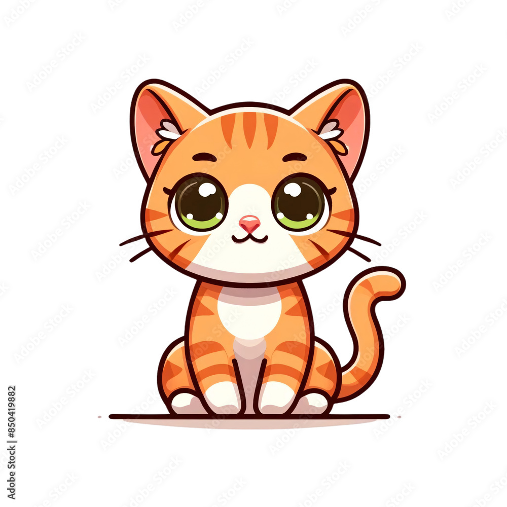 A charming orange tabby cat sitting on a transparent background and looking directly at the viewer. The cat has large, round green eyes A charming orange tabby cat sitting on a transparent background and looking directly at the viewer. The cat has large, round green eyes