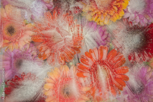 colorful abstract background with gerbera flowers frozen in ice and milk photo