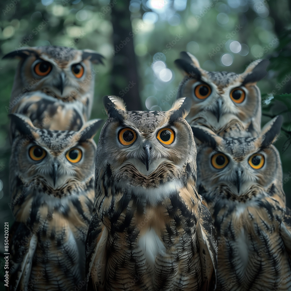 Un gruppo di gufi guarda la camera. Essere osservati dai gufi. Tifare contro qualcuno. Un gruppo di gufi guarda la camera. Essere osservati dai gufi. Tifare contro qualcuno.