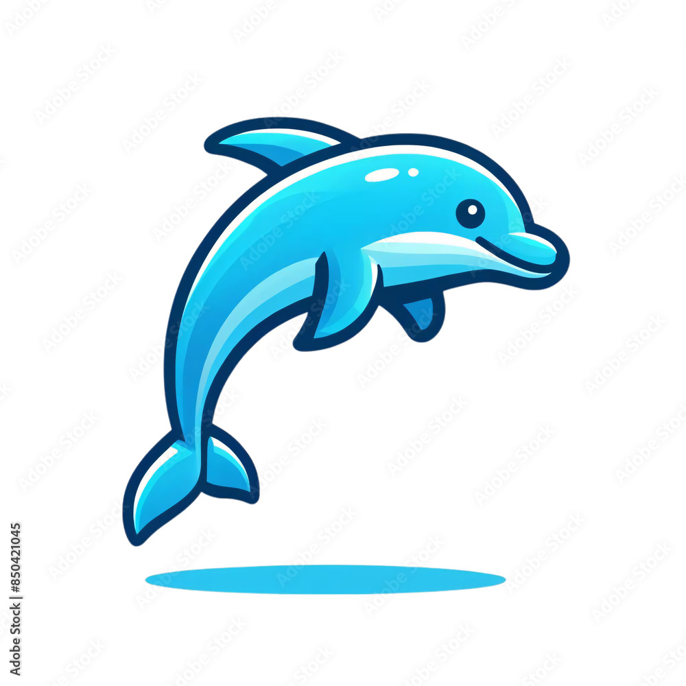 Fototapeta premium A simple cartoon of a dolphin leaping on a transparent background. The dolphin is portrayed in a dynamic jumping pose, colored in a bright shade of blue
